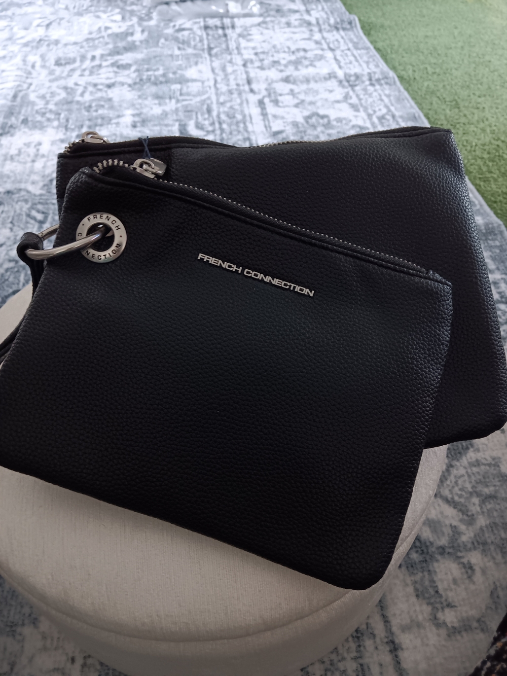 French Connection Black Leather Zip Pouch Set